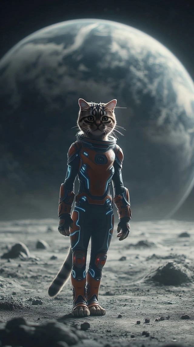 Space Cat Astronaut on the Moon Futuristic SciFi Art