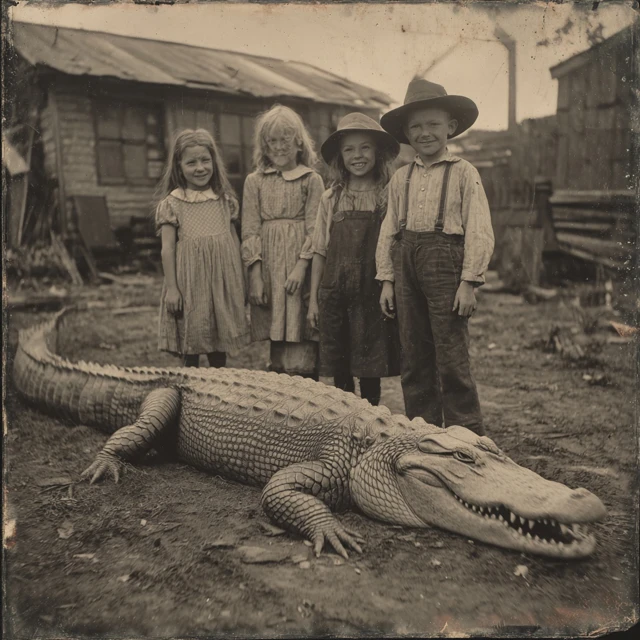 1910 Photo Children with Giant Alligator
