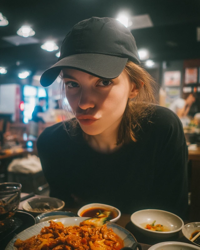 Young Woman Eating Korean Food Candid Photo