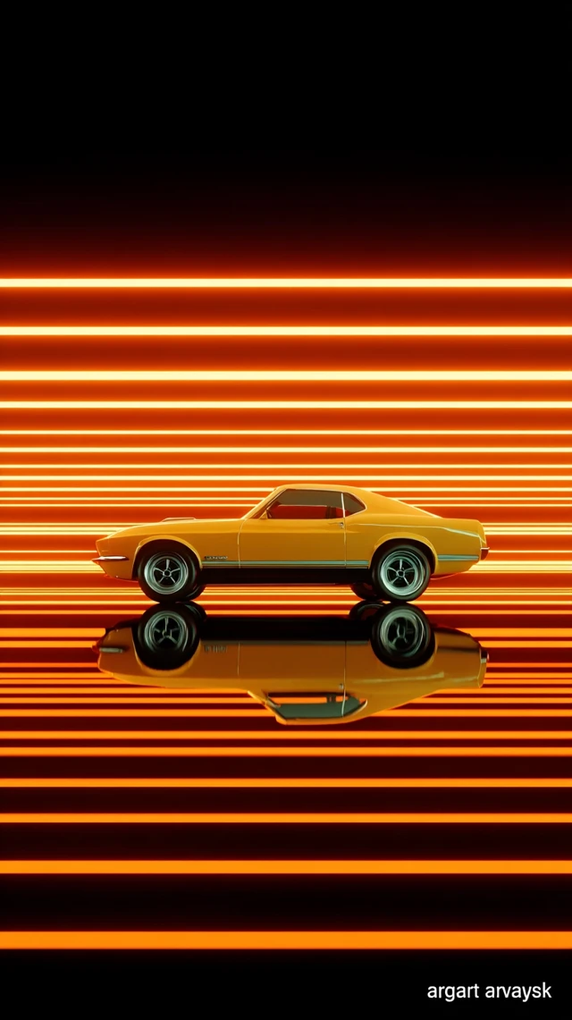 Yellow Sports Car in Tron Inspired Cyberpunk Scene