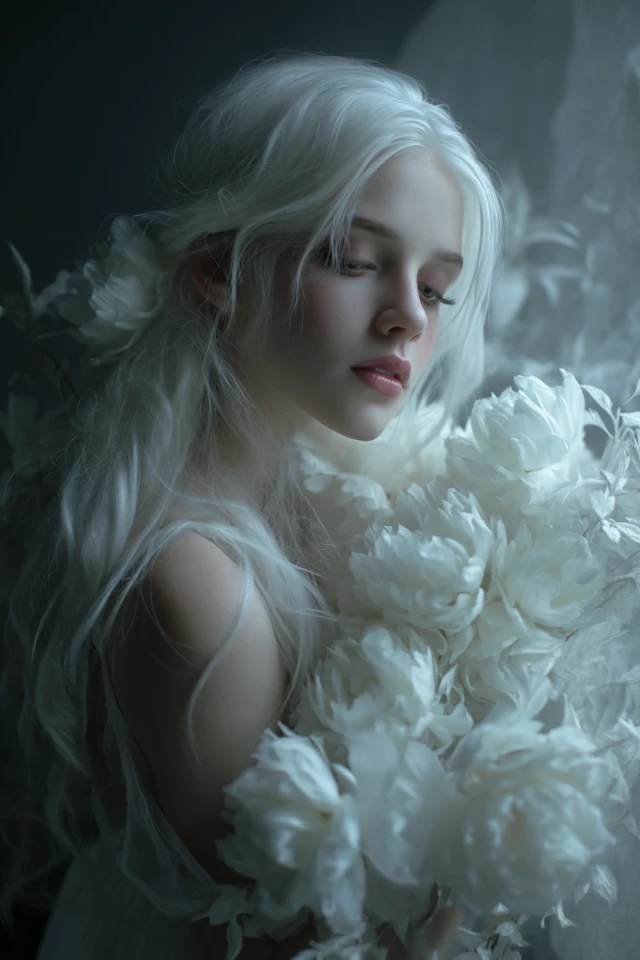 Ethereal Girl White Hair Dark Fantasy Art