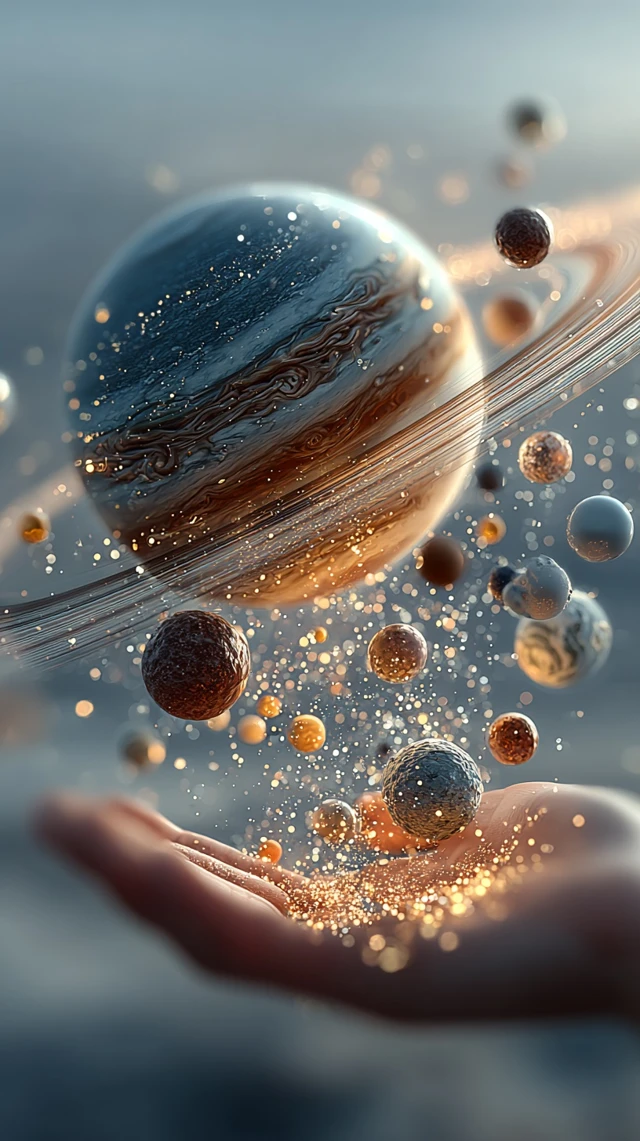 Hand Holding Planets and Particles in Space