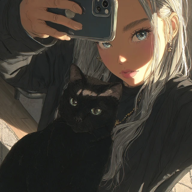 Anime Girl and Black Cat Selfie Illustration