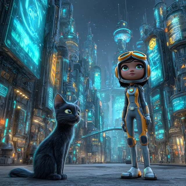 AI AdTech Revolution Futuristic City Cat and Founder
