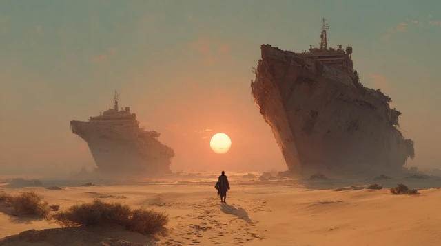 Post Apocalyptic Desert Ships Cinematic Illustration