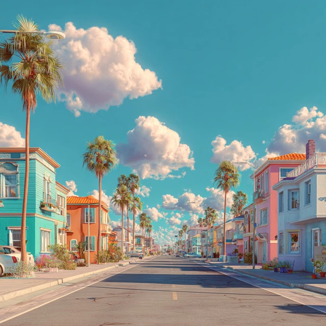 California Street Scene with Palm Trees and Colorful Buildings