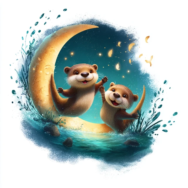 Cute Otters Under Moonlight Childrens Book Illustration