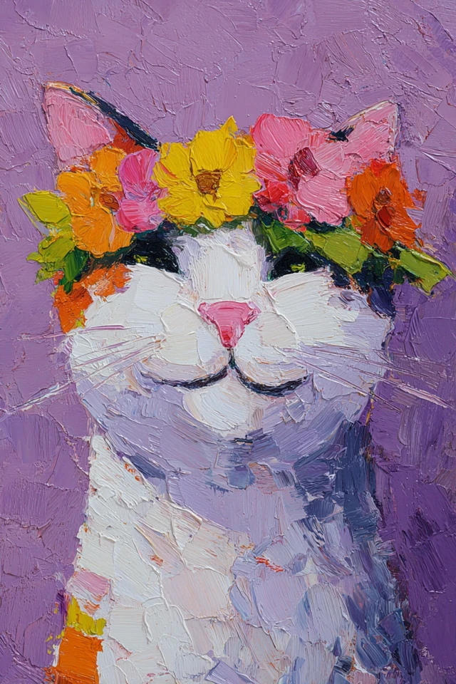 Cute Cat Oil Painting With Flower Wreath Smiling Face