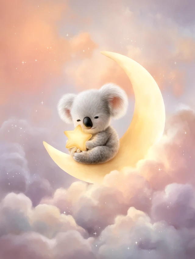 Cute Koala on Moon with Star Nursery Art