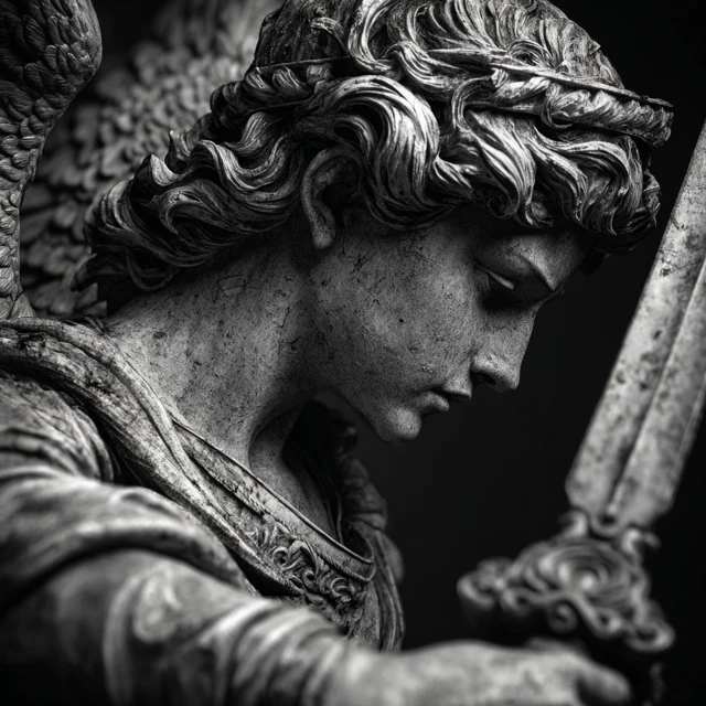 St Michael Statue Holding Sword Side Profile Black and Grey