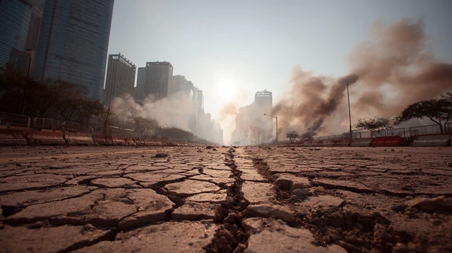 Hong Kong Apocalypse Cracked Ground and Smoke