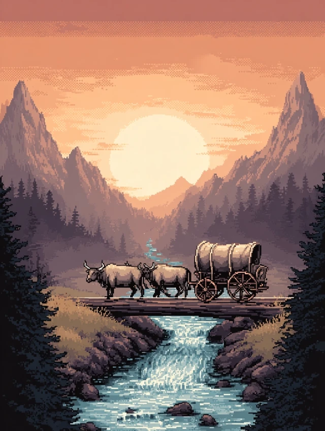 Pixel Art Oxen Wagon Crossing River Vintage Game