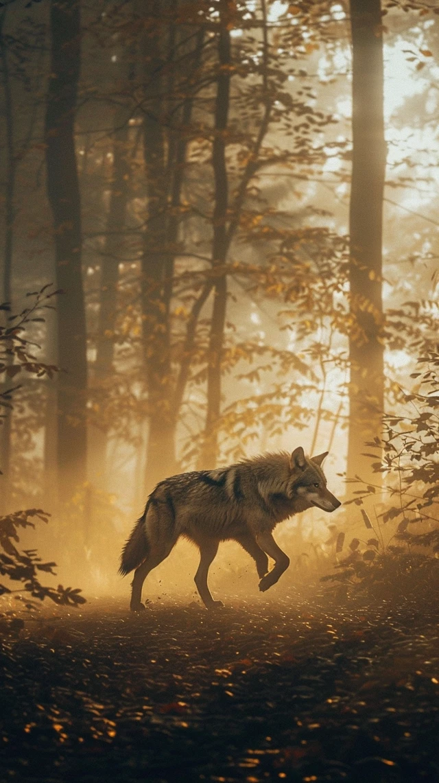 Lone Wolf Running in Forest at Dawn