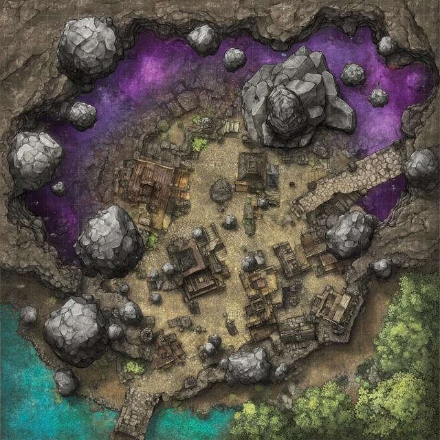 Fantasy Battlemap Village with Floating Rocks