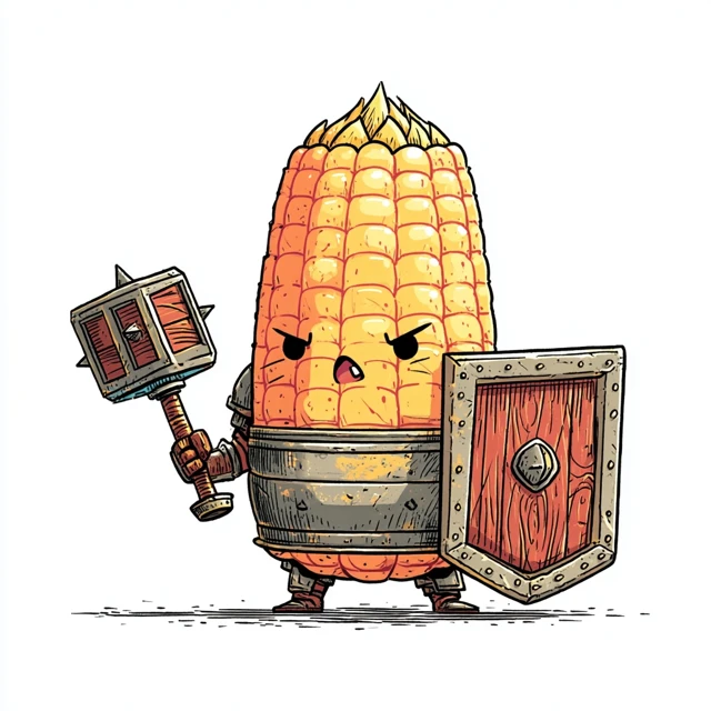 Cartoon Corn Cob Tank Fighter with Shield and Mace
