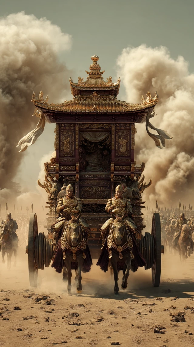 Ancient Chinese Carriages in Desert Scene