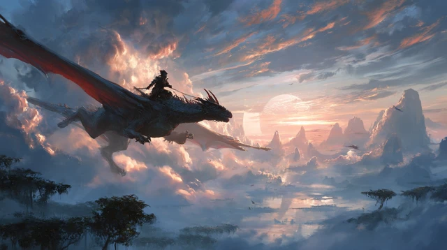 Fantasy Dragon Flight Landscape with Two Suns
