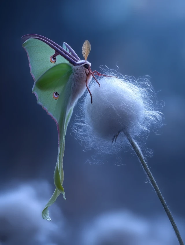 Luna Moth on Delicate Flower Vibrant Colors