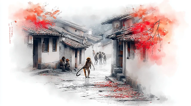 Chinese Ink Wash Painting Village Scene Monkey