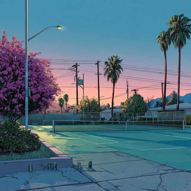 Empty Tennis Court Hiroshi Nagai Art Style Palm Springs