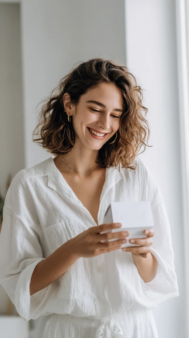 Happy Woman Unboxing Package in Modern Room