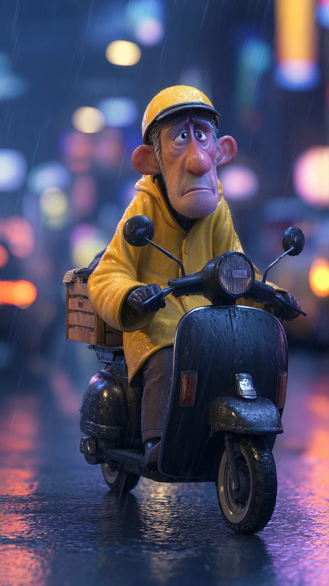 Rainy Evening Korean Delivery Man Pixar 3D