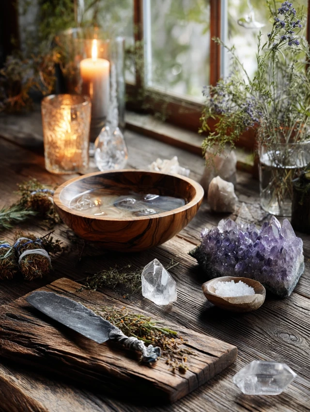 Ritual Setup Wood Table with Crystals Herbs and Candle