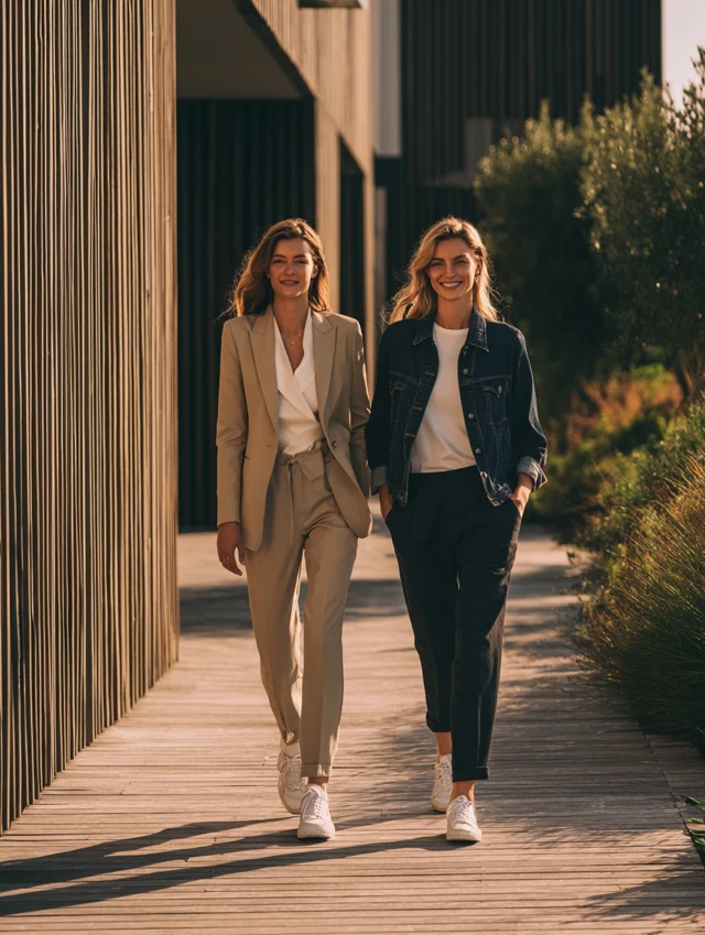 Stylish Women Walking in Courtyard Lifestyle Photo
