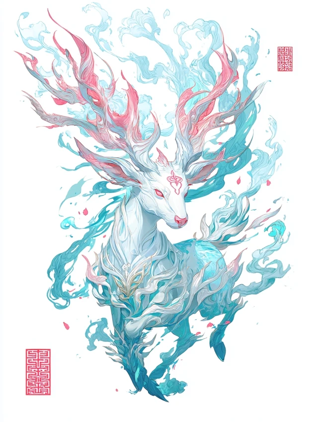 Xerneas in Yuan Dynasty Watercolor Illustration