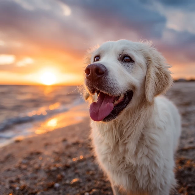 Golden Retriever on the Beach at Sunset