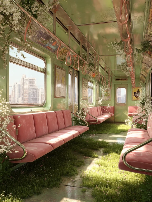Dreamy Subway Train Interior Springtime Flowers