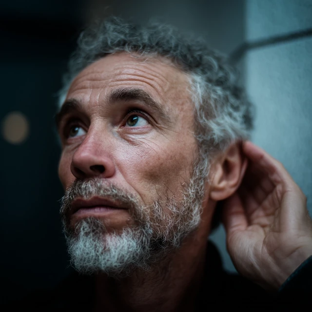Portrait of a Confused Man Looking for Sound