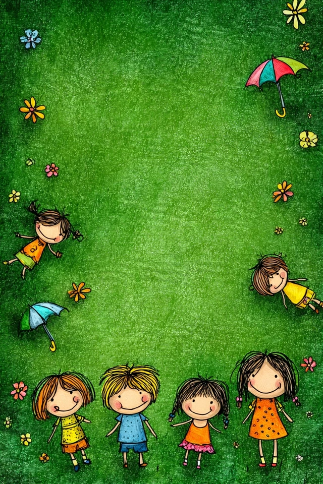 Childs Playful Sketch with Flowers and Children