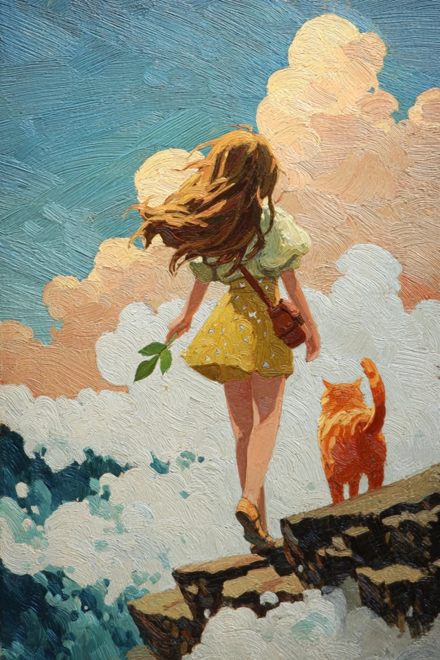 Girl and Cat on Cliffside Painting