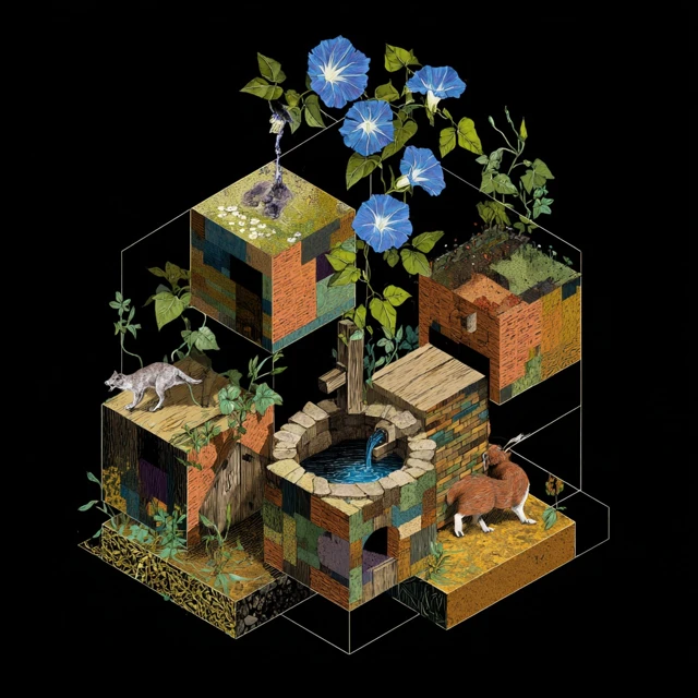 Collage Art of Cubic Worlds with Animals and Flowers