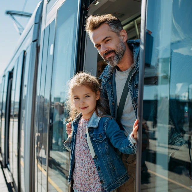 Father and Daughter on a Modern Tram 4K