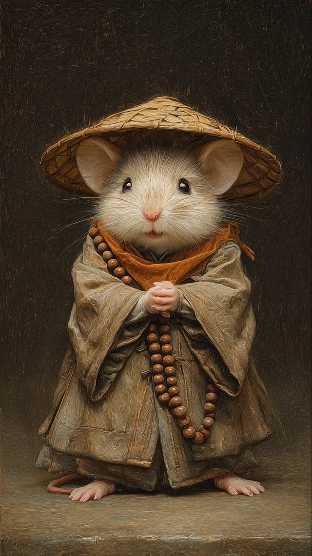 Cute Monk Mouse in Bamboo Hat Ancient Chinese Style