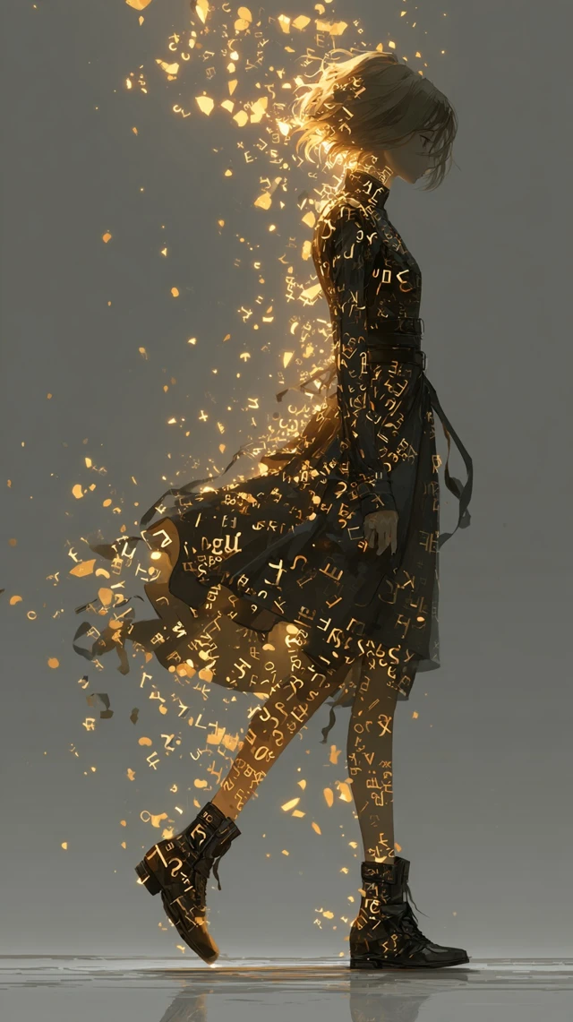Girl Dissolving into Golden Symbols Dreamlike Art