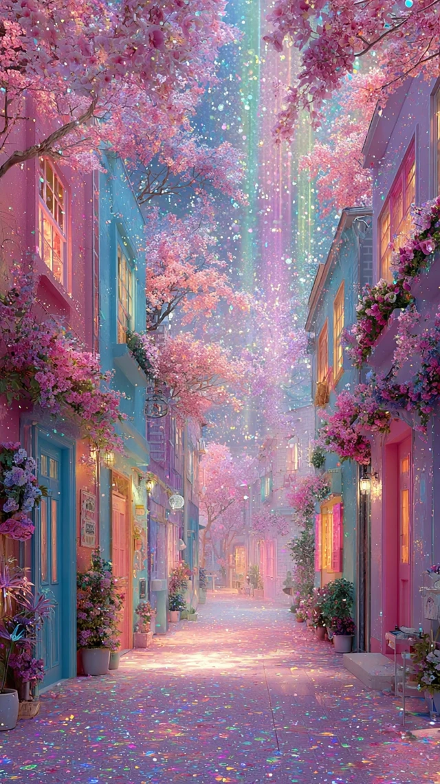 Dreamy Pastel Town Blooming With Flowers