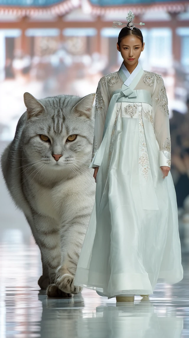 Korean Model in Modern Hanbok and a Cat