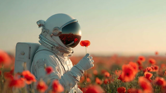 Astronaut in Poppy Field Peaceful Scene