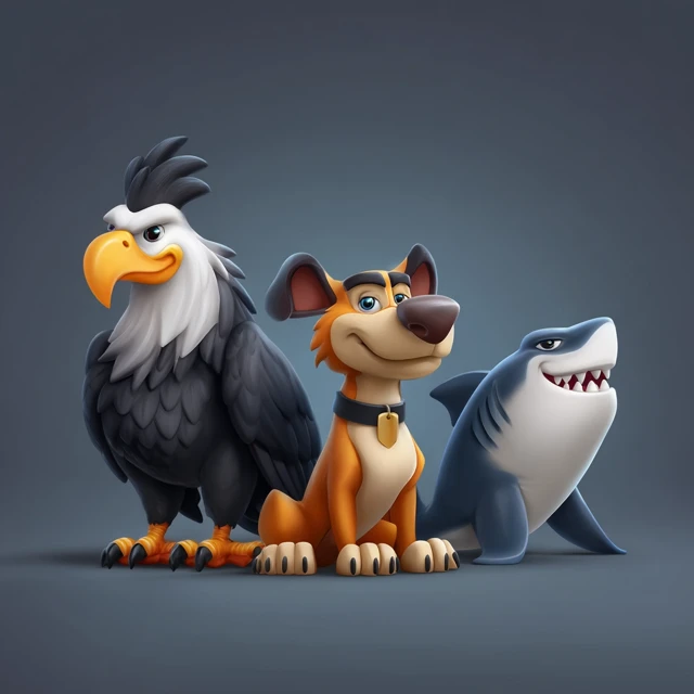 3D Cartoon Animals: Eagle, Panther, Shark