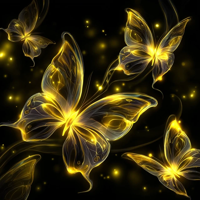 Glowing Yellow Butterflies on Black Background