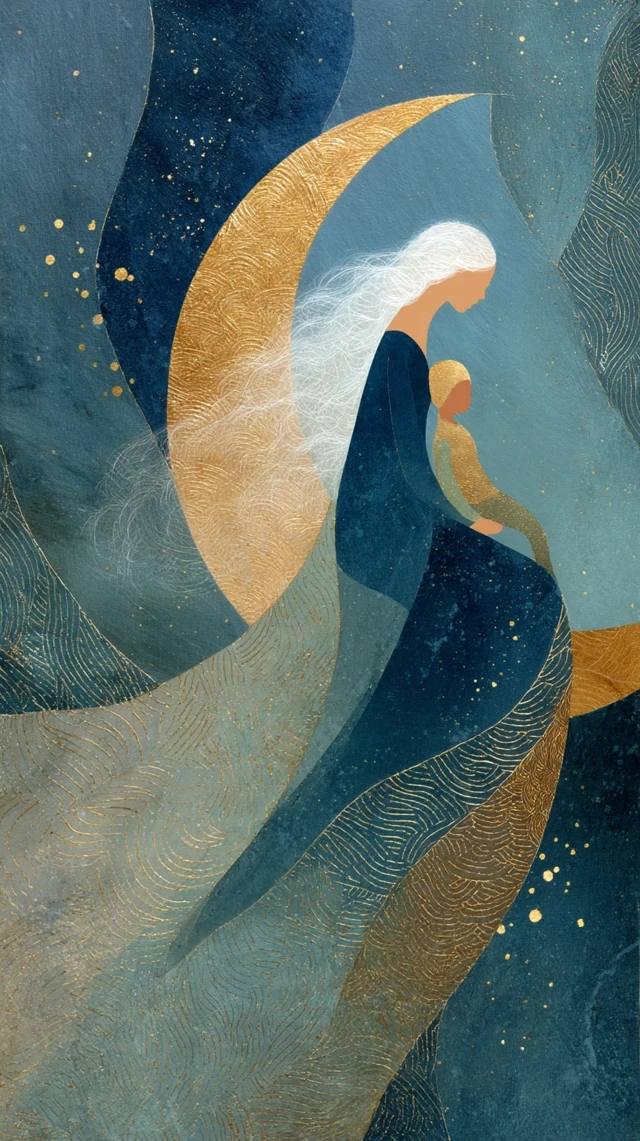 Mother and Baby on Crescent Moon Acrylic Painting