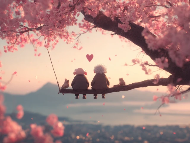 Old Couple in Love Blossoming Tree Scenic View