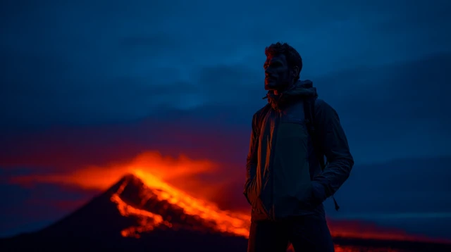 Volcano Sunrise Awe Inspiring Man Facing Eruption