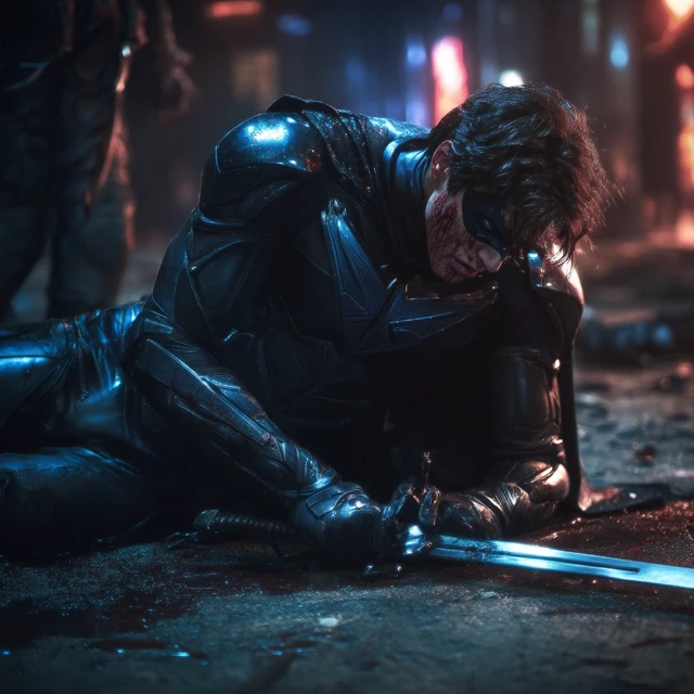 Nightwing Defeated Wounded in Leather Suit