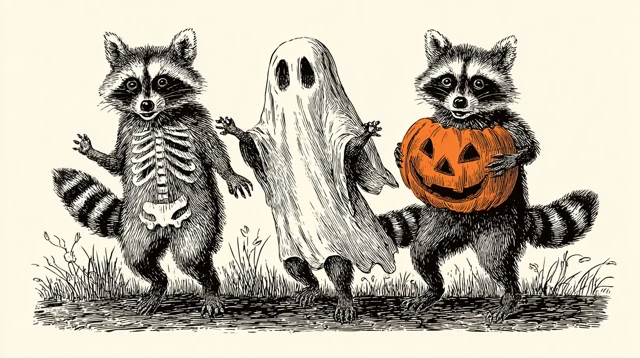 Vintage Halloween Raccoons Cartoon Illustration