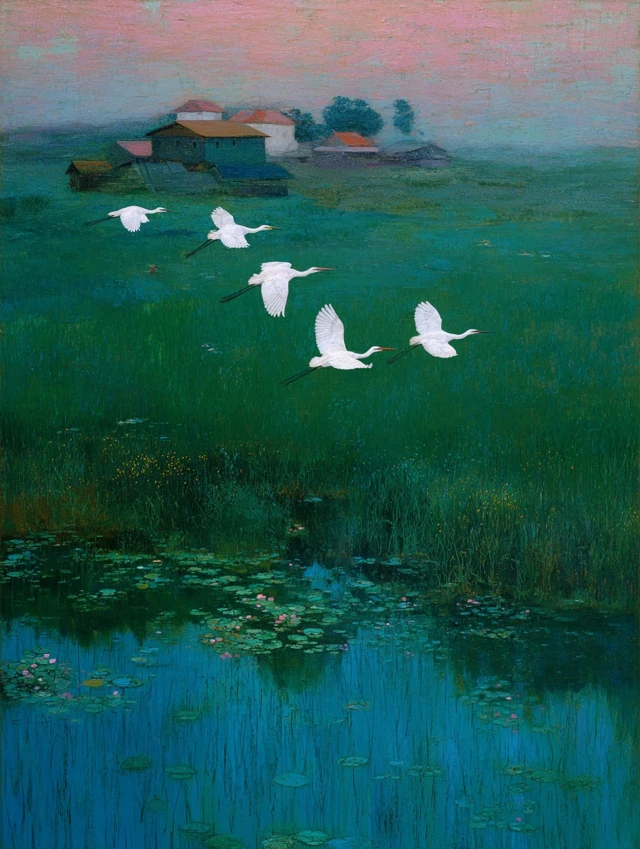 Gustav Klimt Inspired Dusk Birds Over Green Field