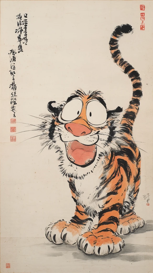 Comical Tiger Chinese Ink Painting